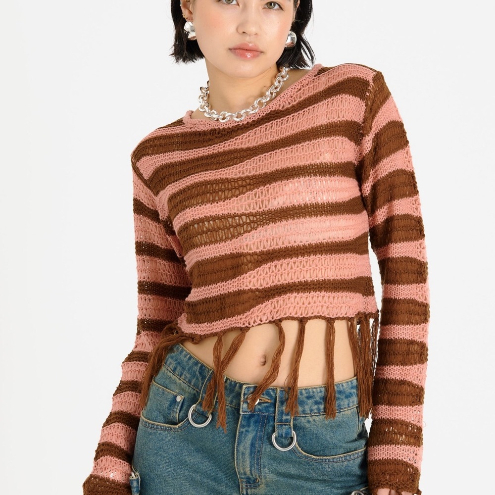 Ragged Priest. New! Striped Terracotta and Brown Tassel Fringe Sweater. Large.